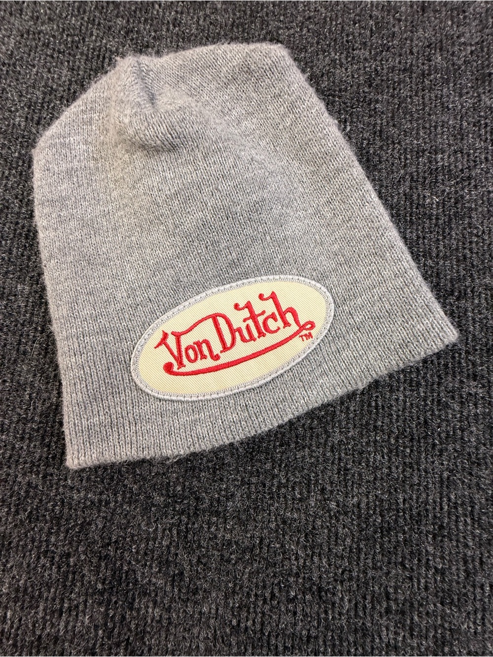 Von Dutch Gray Knit Beanie with Red Logo Patch